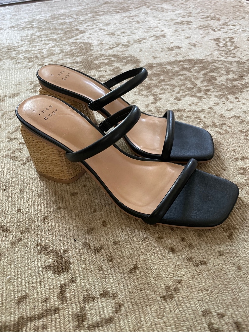 a new day Black Strappy Wedge Sandals with Woven Heel